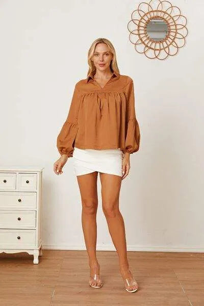 Balloon Sleeve Collared Neck Blouse Blouses - Tophatter Daily Deals